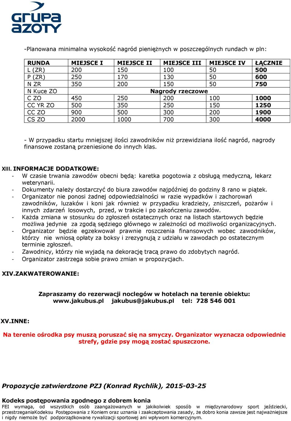 zawodników niż przewidziana ilość nagród, nagrody finansowe zostaną przeniesione do innych klas. XIII.