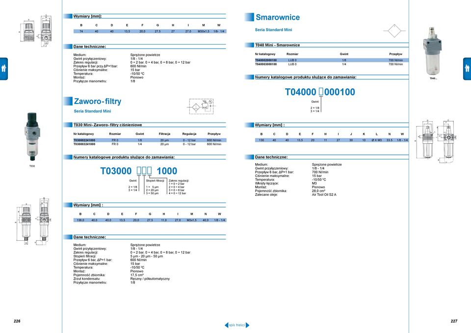 Przepływ T040002000100 LUB 0 1/8 700 Nl/min T040003000100 LUB 0 1/4 700 Nl/min Numery katalogowe produktu służące do zamawiania: T04000 000100 Gwint: 2 = 1/8 3 = 1/4 T040.