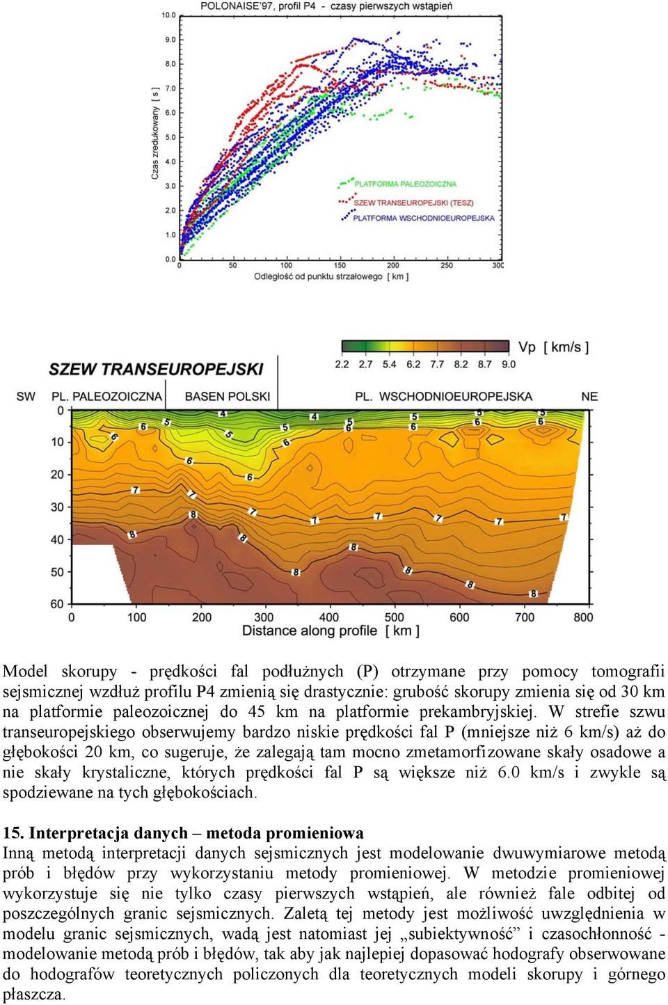 W strefie szwu transeuropejskiego obserwujemy bardzo niskie prędkości fal P (mniejsze niż 6 km/s) aż do głębokości 20 km, co sugeruje, że zalegają tam mocno zmetamorfizowane skały osadowe a nie skały