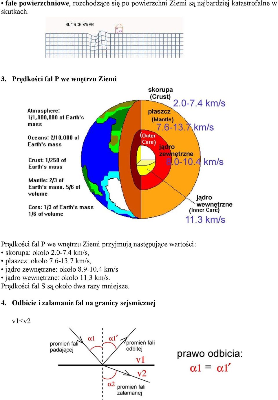 około 2.0-7.4 km/s, płaszcz: około 7.6-13.7 km/s, jądro zewnętrzne: około 8.9-10.