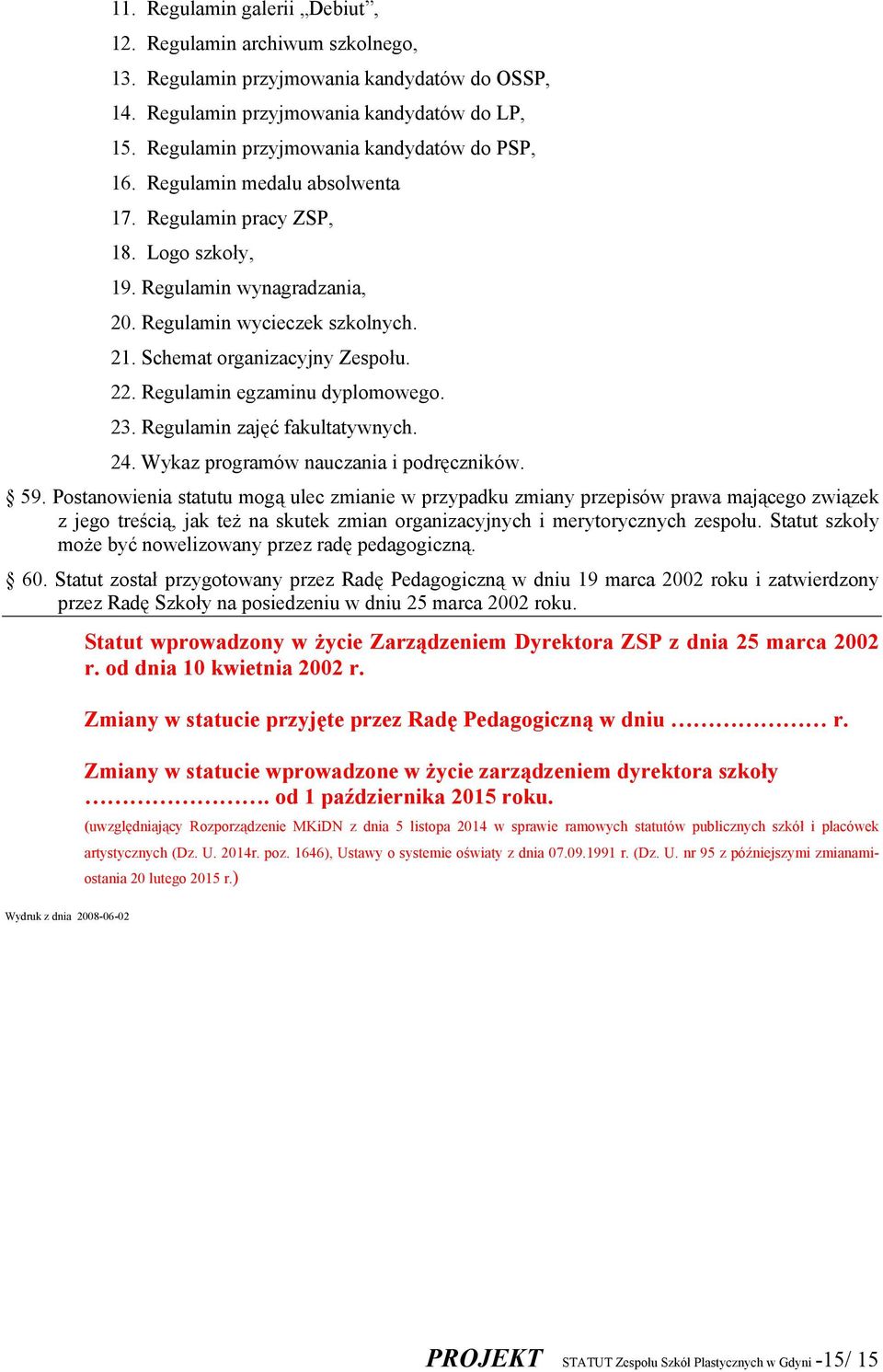 Schemat organizacyjny Zespołu. 22. Regulamin egzaminu dyplomowego. 23. Regulamin zajęć fakultatywnych. 24. Wykaz programów nauczania i podręczników. 59.