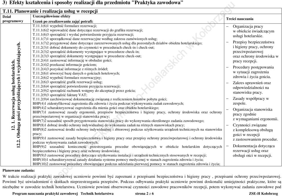 11.1(7)1 uporządkować dane rezerwacyjne według zakresu zamówionych usług; T.11.1(7)2 przygotować dane dotyczące zarezerwowanych usług dla pozostałych działów obiektu hotelarskiego; T.11.2(3)1 dobrać dokumenty do czynności w procedurach check-in i check-out; T.