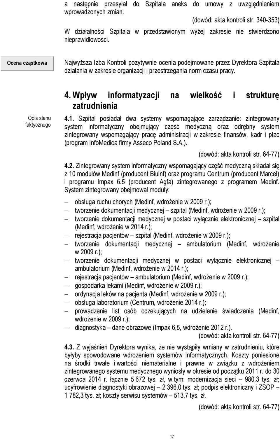 Ocena cząstkowa Najwyższa Izba Kontroli pozytywnie ocenia podejmowane przez Dyrektora Szpitala działania w zakresie organizacji i przestrzegania norm czasu pracy. Opis stanu faktycznego 4.