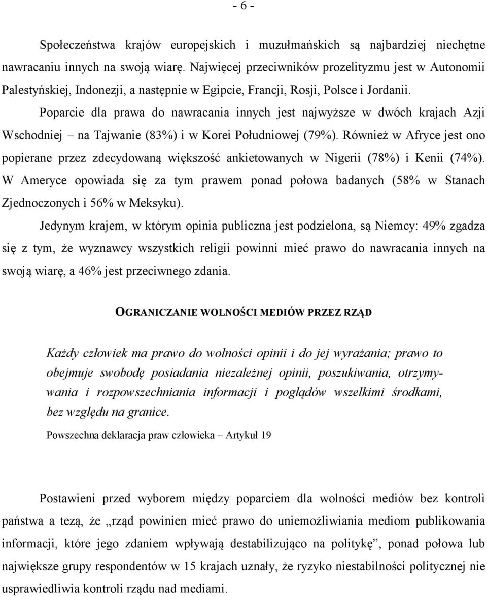 Poparcie dla prawa do nawracania innych jest najwyższe w dwóch krajach Azji Wschodniej na Tajwanie (%) i w Korei Południowej (9%).