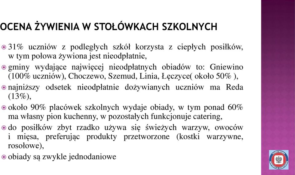 dożywianych uczniów ma Reda (13%), około 90% placówek szkolnych wydaje obiady, w tym ponad 60% ma własny pion kuchenny, w pozostałych funkcjonuje
