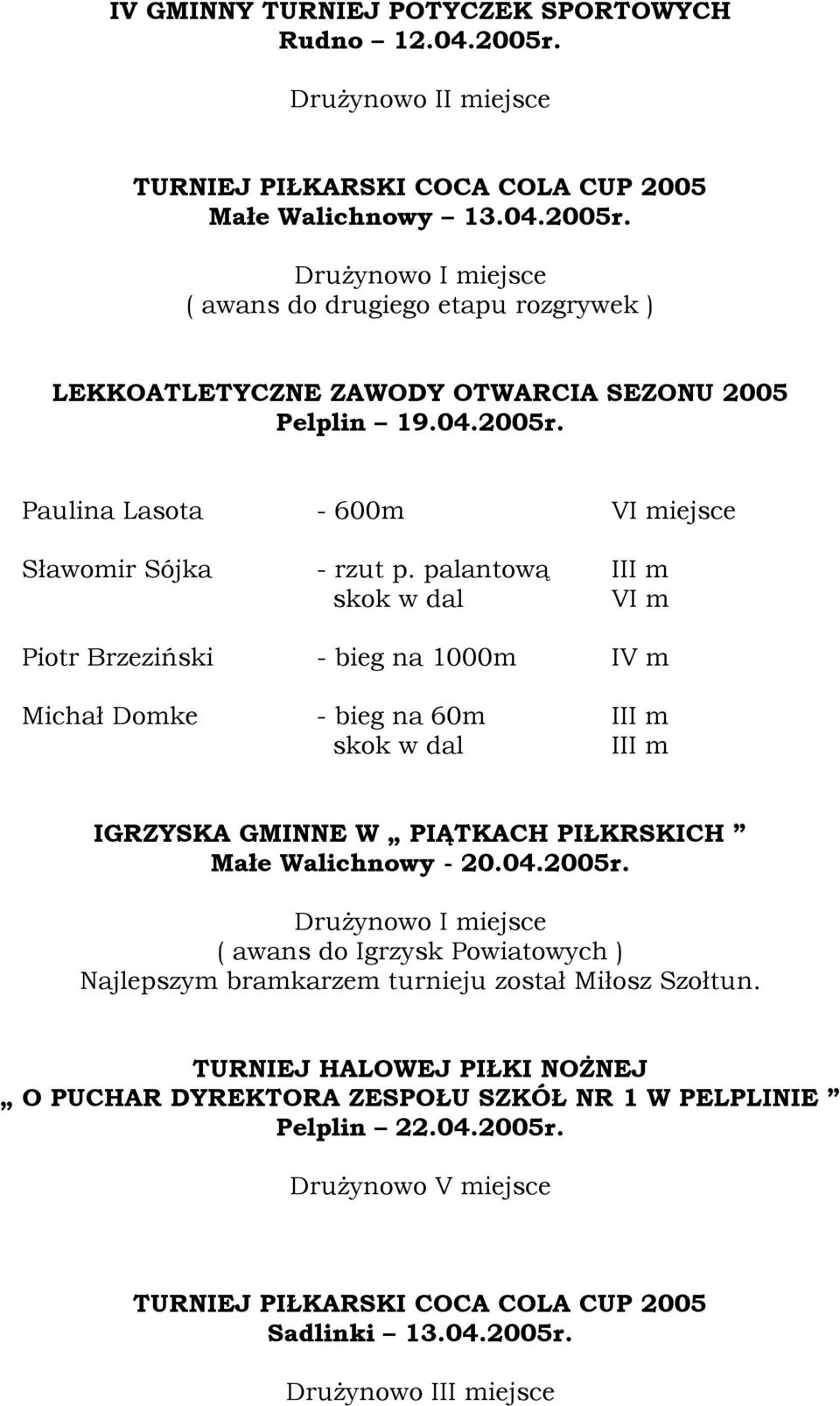 palantową III m skok w dal VI m Piotr Brzeziński - bieg na 1000m IV m Michał Domke - bieg na 60m III m skok w dal III m IGRZYSKA GMINNE W PIĄTKACH PIŁKRSKICH Małe Walichnowy - 20.04.