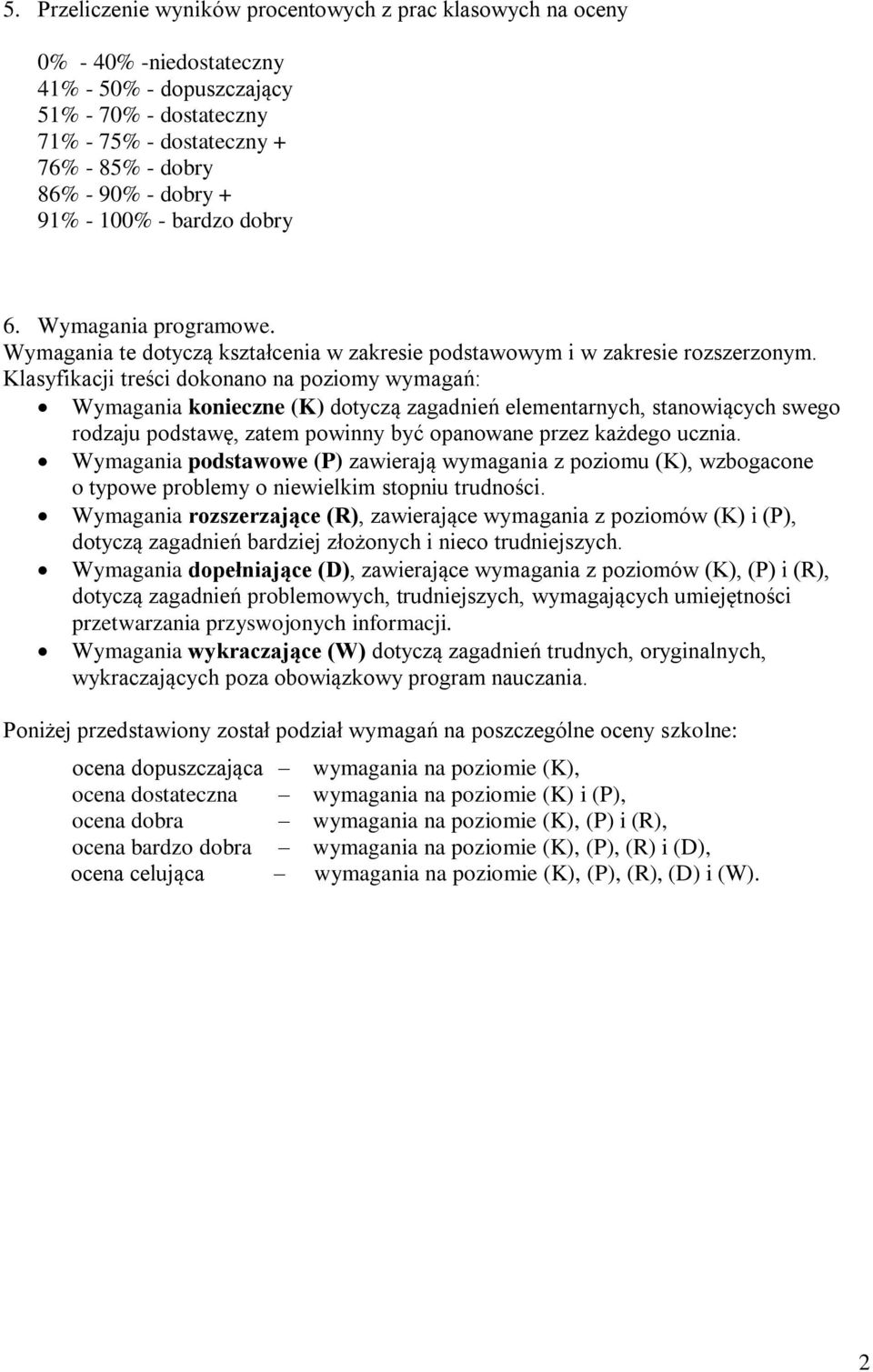 Klsyfikcji treści dokonno n poziomy wymgń: Wymgni konieczne (K) dotyczą zgdnień elementrnych, stnowiących swego rodzju podstwę, ztem powinny być opnowne przez kżdego uczni.