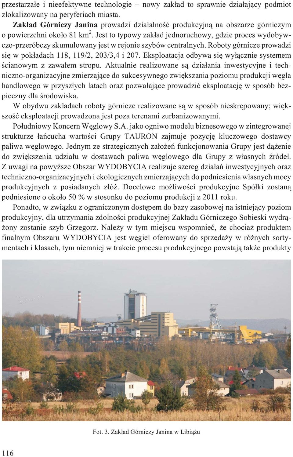 Jest to typowy zak³ad jednoruchowy, gdzie proces wydobywczo-przeróbczy skumulowany jest w rejonie szybów centralnych. Roboty górnicze prowadzi siê w pok³adach 118, 119/2, 203/3,4 i 207.