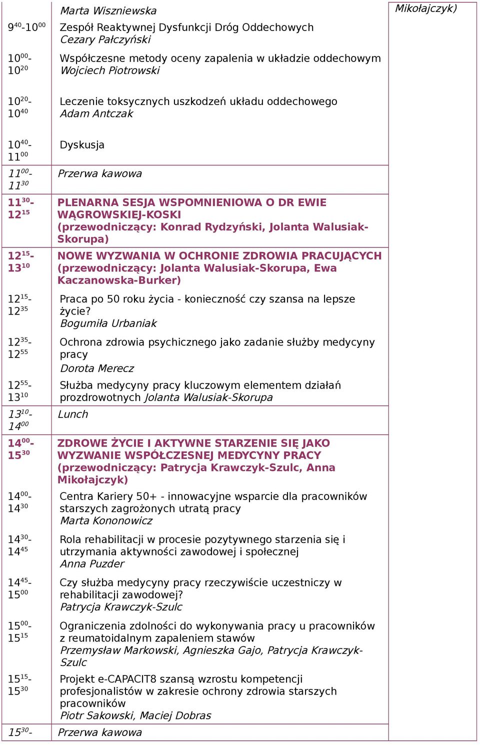 (przewodniczący: Konrad Rydzyński, Jolanta Walusiak- 12 15 - NOWE WYZWANIA W OCHRONIE ZDROWIA PRACUJĄCYCH 13 10 (przewodniczący: Jolanta Walusiak-Skorupa, Ewa Kaczanowska-Burker) 12 15 - Praca po 50