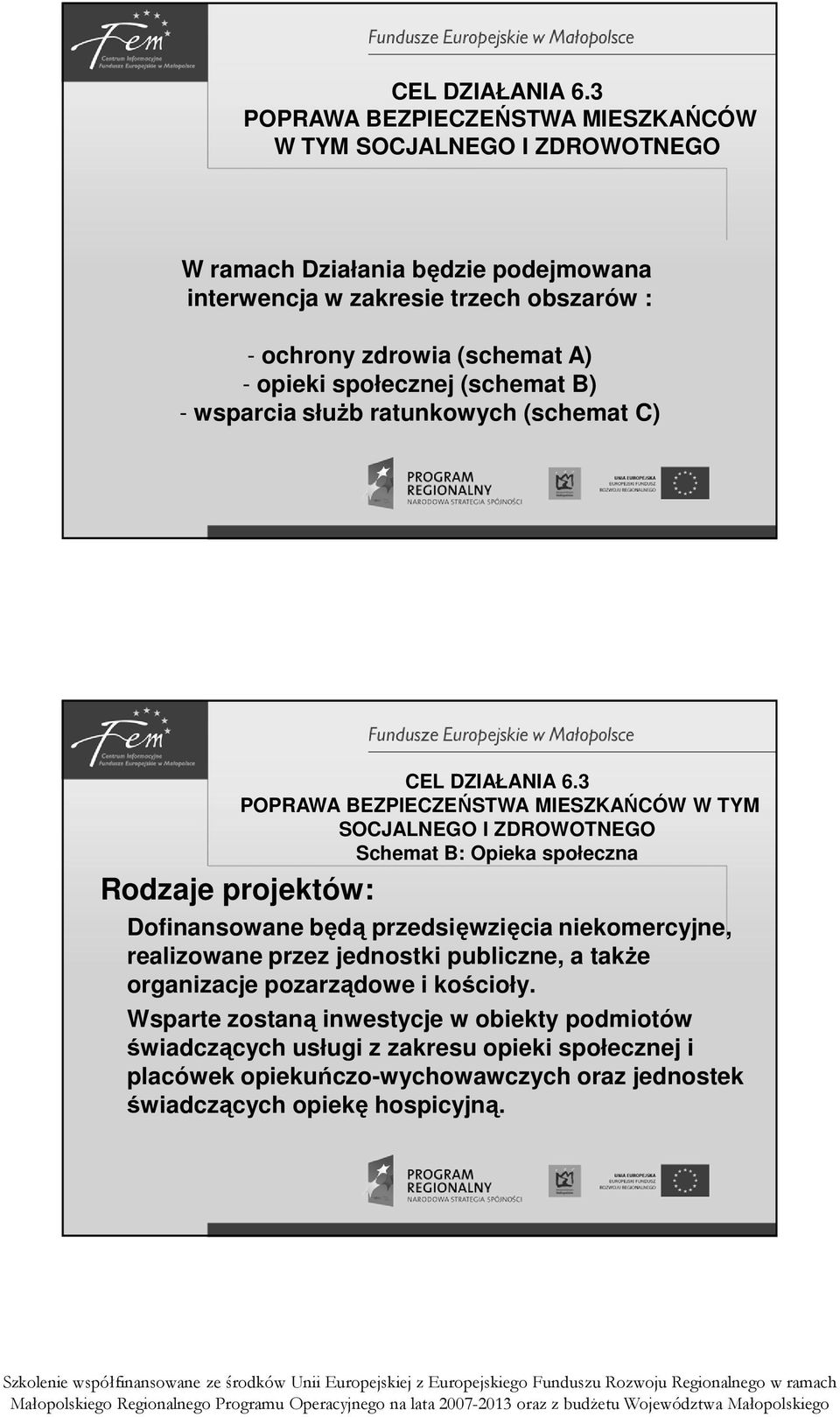 społecznej (schemat B) - wsparcia słuŝb ratunkowych (schemat C) 3 POPRAWA BEZPIECZEŃSTWA MIESZKAŃCÓW W TYM SOCJALNEGO I ZDROWOTNEGO Schemat B: Opieka społeczna Rodzaje projektów: