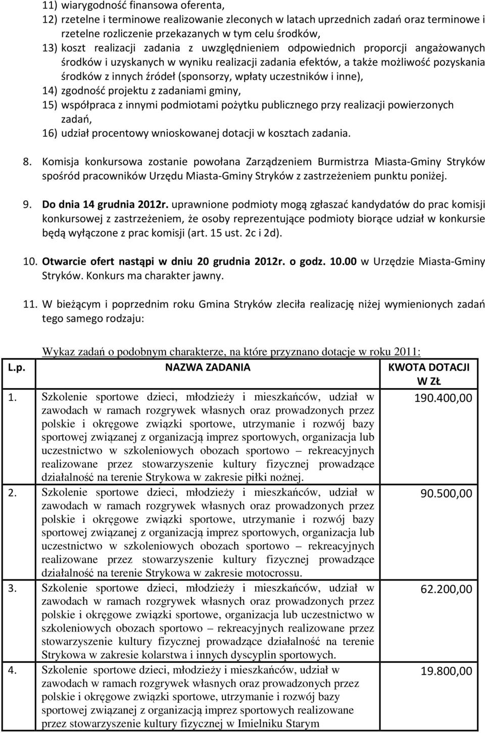 wpłaty uczestników i inne), 14) zgodność projektu z zadaniami gminy, 15) współpraca z innymi podmiotami pożytku publicznego przy realizacji powierzonych zadań, 16) udział procentowy wnioskowanej