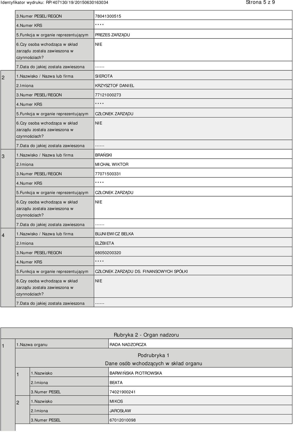 Czy osoba wchodząca w skład zarządu została zawieszona w czynnościach? CZŁONEK ZARZĄDU 7.Data do jakiej została zawieszona ------ 3 1.Nazwisko / Nazwa lub firma BRAŃSKI MICHAŁ WIKTOR 3.