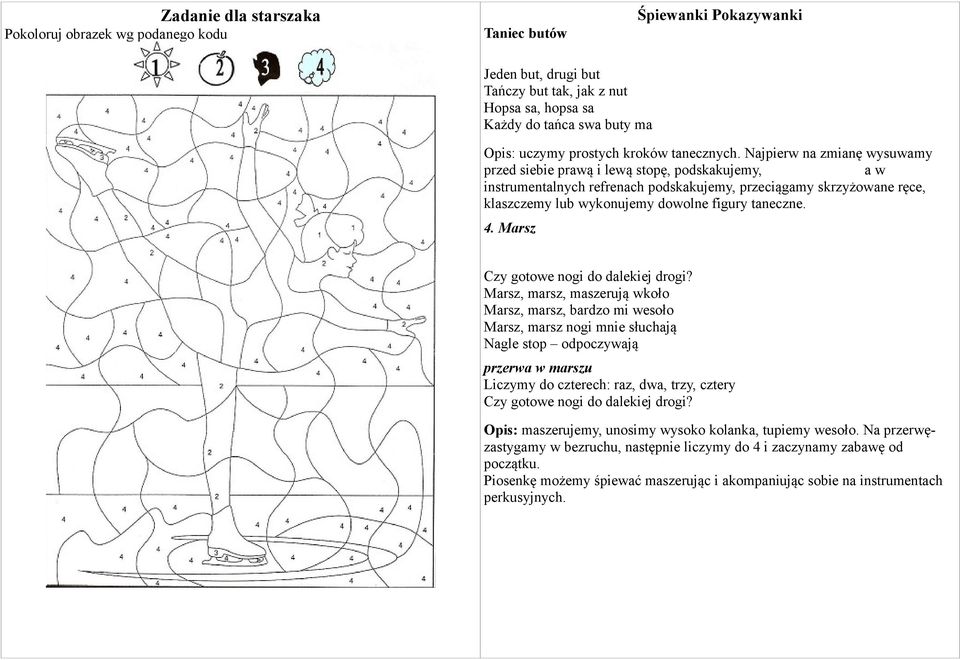 Najpierw na zmianę wysuwamy przed siebie prawą i lewą stopę, podskakujemy, a w instrumentalnych refrenach podskakujemy, przeciągamy skrzyżowane ręce, klaszczemy lub wykonujemy dowolne figury taneczne.