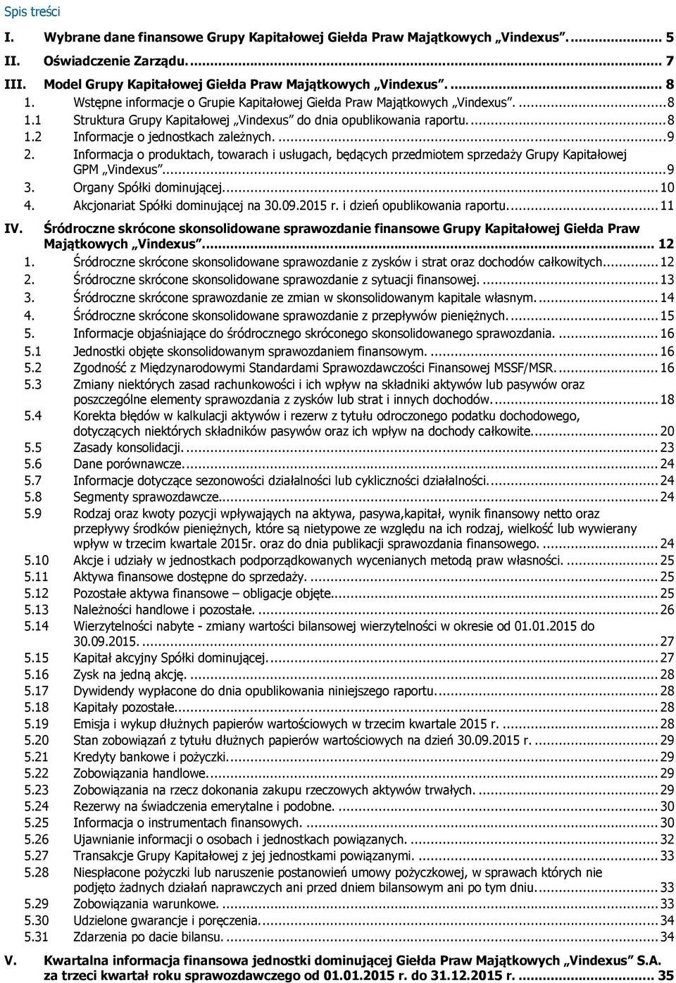 Informacja o produktach, towarach i usługach, będących przedmiotem sprzedaży Grupy Kapitałowej GPM Vindexus... 9 3. Organy Spółki dominującej.... 10 4. Akcjonariat Spółki dominującej na 30.09.2015 r.