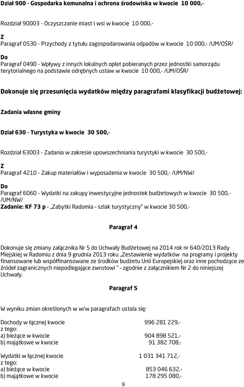 przesunięcia wydatków między paragrafami klasyfikacji budżetowej: Dział 630 - Turystyka w kwocie 30 500,- Rozdział 63003 - Zadania w zakresie upowszechniania turystyki w kwocie 30 500,- Z Paragraf