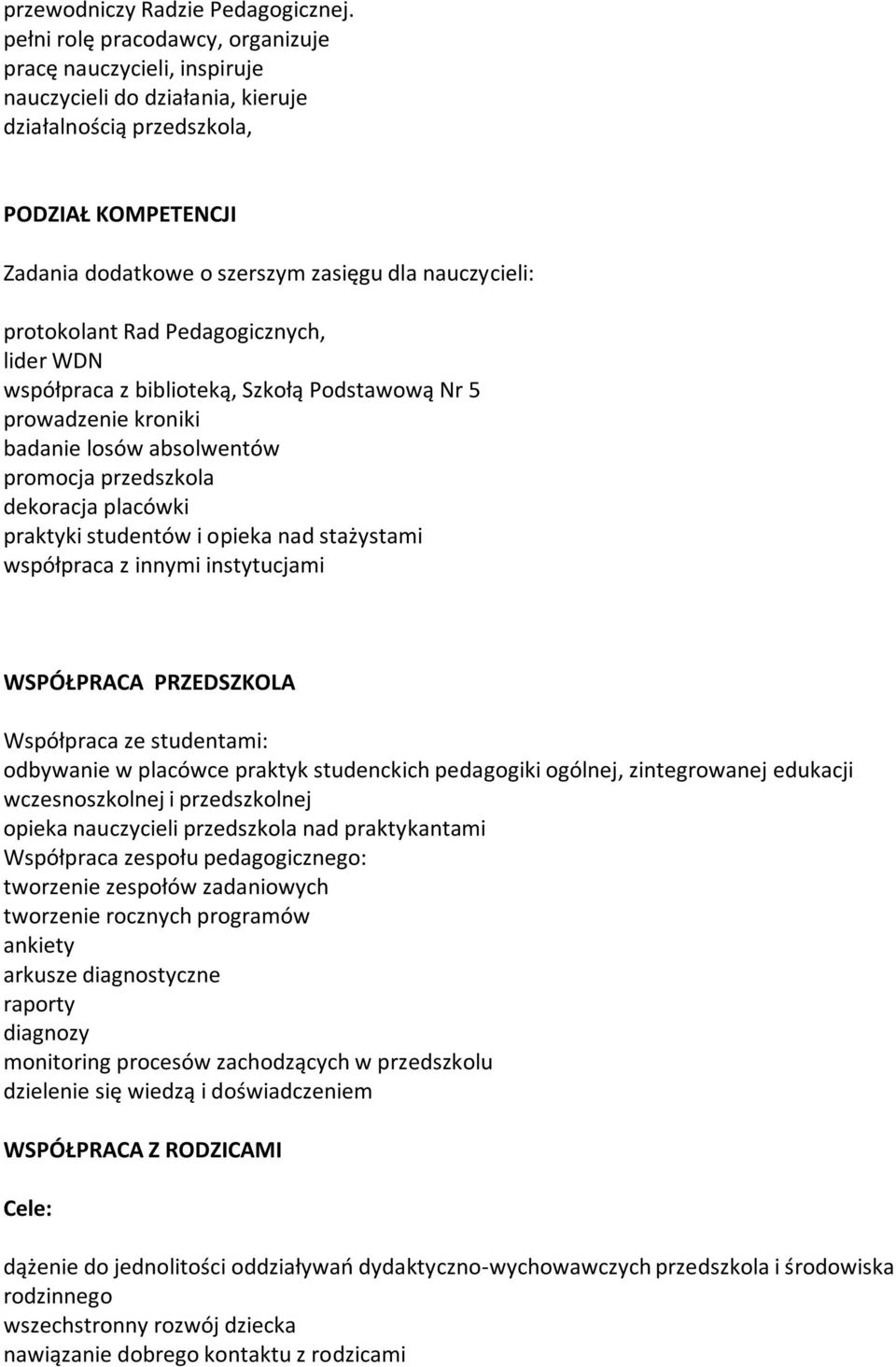 protokolant Rad Pedagogicznych, lider WDN współpraca z biblioteką, Szkołą Podstawową Nr 5 prowadzenie kroniki badanie losów absolwentów promocja przedszkola dekoracja placówki praktyki studentów i