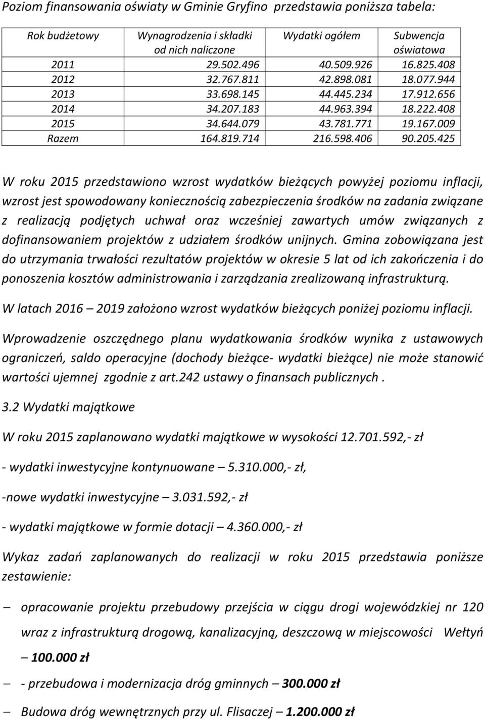 425 W roku 2015 przedstawiono wzrost wydatków bieżących powyżej poziomu inflacji, wzrost jest spowodowany koniecznością zabezpieczenia środków na zadania związane z realizacją podjętych uchwał oraz