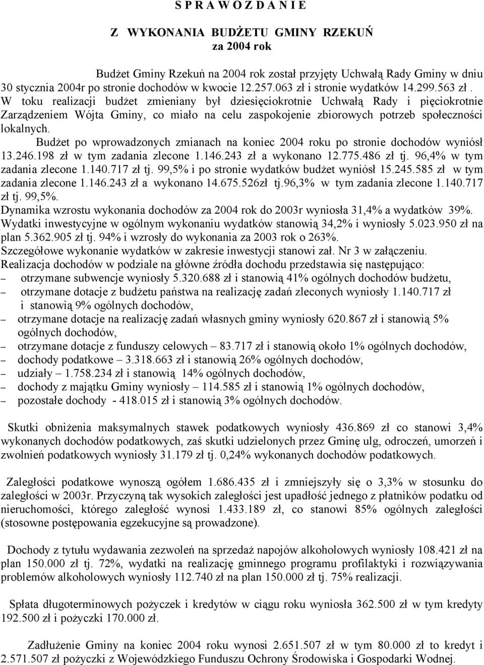 W toku realizacji budżet zmieniany był dziesięciokrotnie Uchwałą Rady i pięciokrotnie Zarządzeniem Wójta Gminy, co miało na celu zaspokojenie zbiorowych potrzeb społeczności lokalnych.