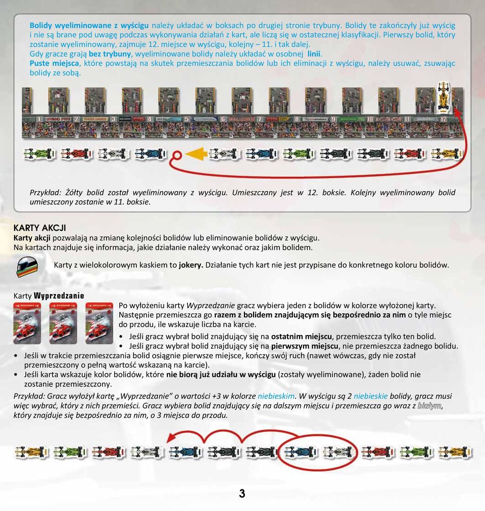 miejsce w wyścigu, kolejny 11. i tak dalej. Gdy gracze grają bez trybuny, wyeliminowane bolidy należy układać w osobnej linii.