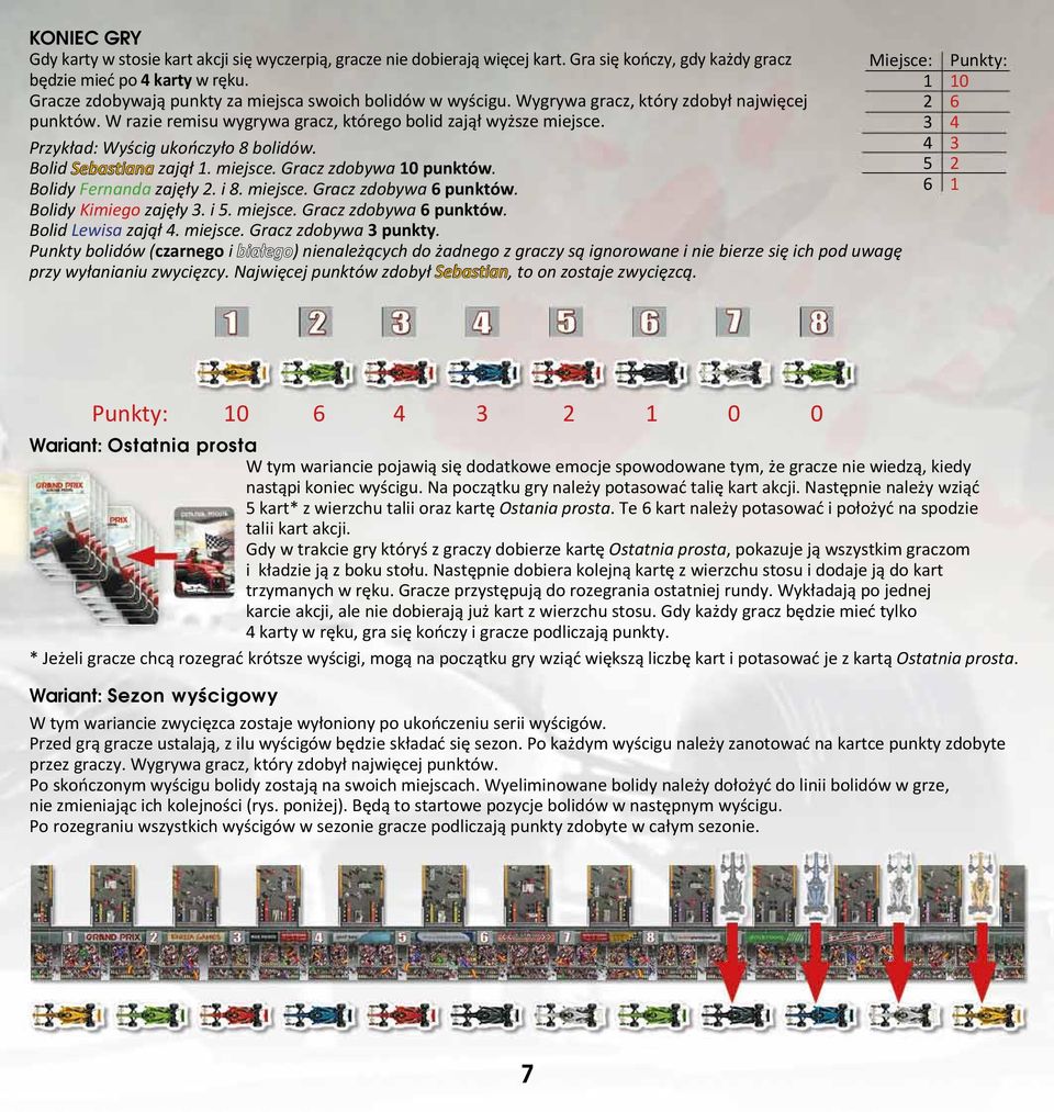 Miejsce: 1 2 3 Punkty: 10 6 4 Przykład: Wyścig ukończyło 8 bolidów. 4 3 Bolid Sebastiana zajął 1. miejsce. Gracz zdobywa 10 punktów. 5 2 Bolidy Fernanda zajęły 2. i 8. miejsce. Gracz zdobywa 6 punktów.