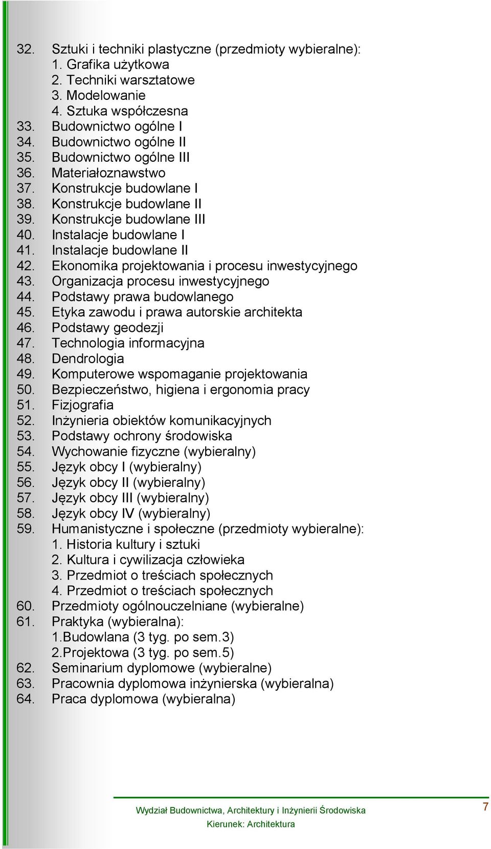 Ekonomika projektowania i procesu inwestycyjnego 43. Organizacja procesu inwestycyjnego 44. Podstawy prawa budowlanego 45. Etyka zawodu i prawa autorskie architekta 46. Podstawy geodezji 47.