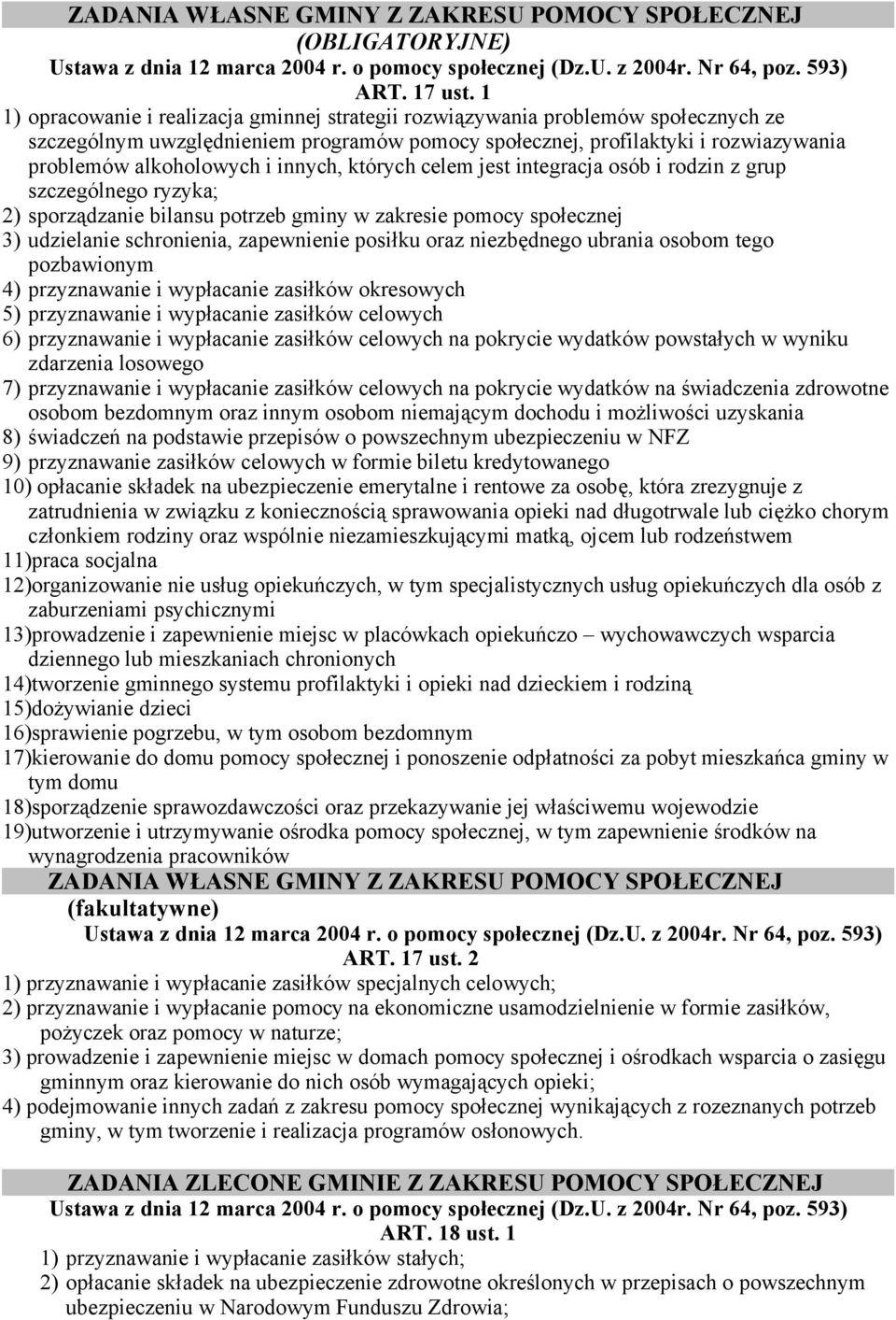 innych, których celem jest integracja osób i rodzin z grup szczególnego ryzyka; 2) sporządzanie bilansu potrzeb gminy w zakresie pomocy społecznej 3) udzielanie schronienia, zapewnienie posiłku oraz