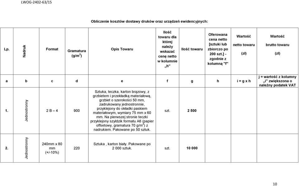 ] - zgodnie z kolumną "f" Wartość netto towaru (zł) Wartość brutto towaru (zł) a b c d e f g h i = g x h 1.