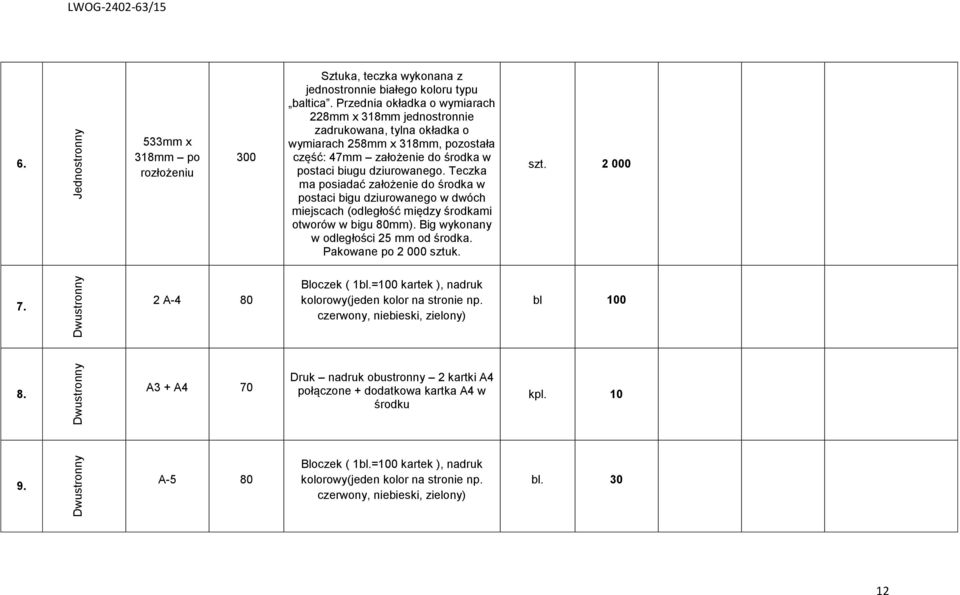 Teczka ma posiadać założenie do środka w postaci bigu dziurowanego w dwóch miejscach (odległość między środkami otworów w bigu 80mm). Big wykonany w odległości 25 mm od środka.