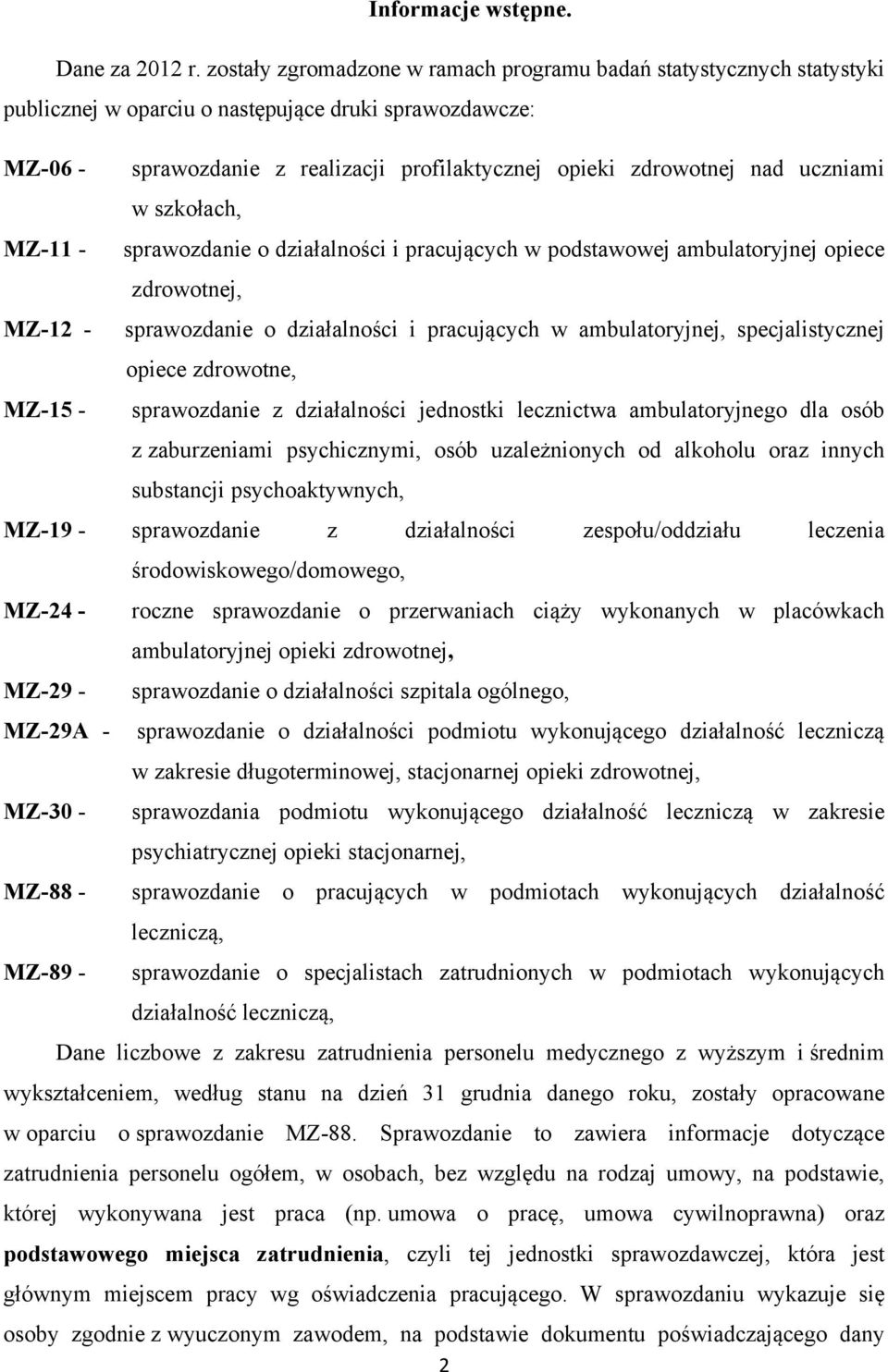 uczniami w szkołach, MZ-11 - sprawozdanie o działalności i pracujących w podstawowej ambulatoryjnej opiece zdrowotnej, MZ-12 - sprawozdanie o działalności i pracujących w ambulatoryjnej,