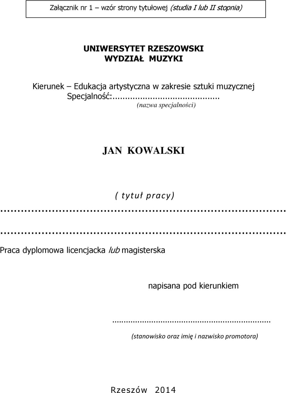 .. (nazwa specjalności) JAN KOWALSKI ( tytuł pracy).