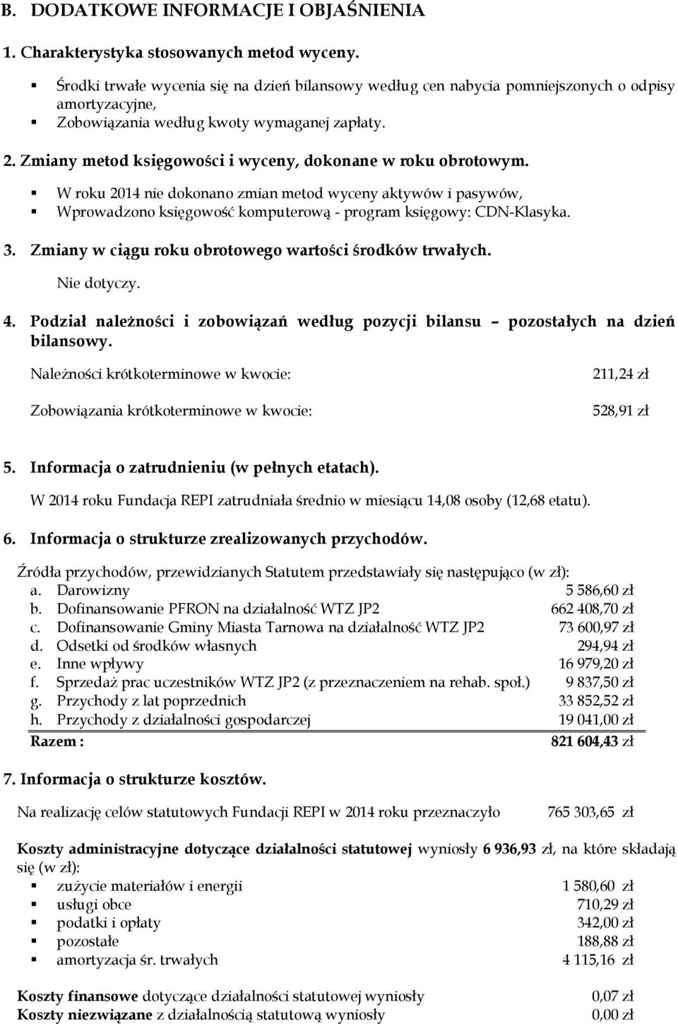 Zmiany metod księgowości i wyceny, dokonane w roku obrotowym. W roku 2014 nie dokonano zmian metod wyceny aktywów i pasywów, Wprowadzono księgowość komputerową - program księgowy: CDN-Klasyka. 3.