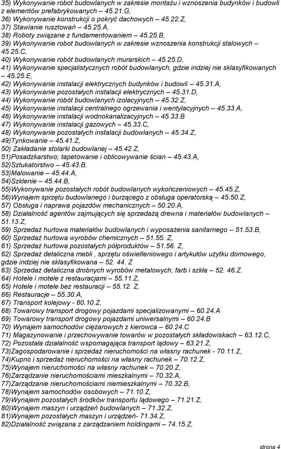 25.D, 41) Wykonywanie specjalistycznych robót budowlanych, gdzie indziej nie sklasyfikowanych 45.25.E, 42) Wykonywanie instalacji elektrycznych budynków i budowli 45.31.