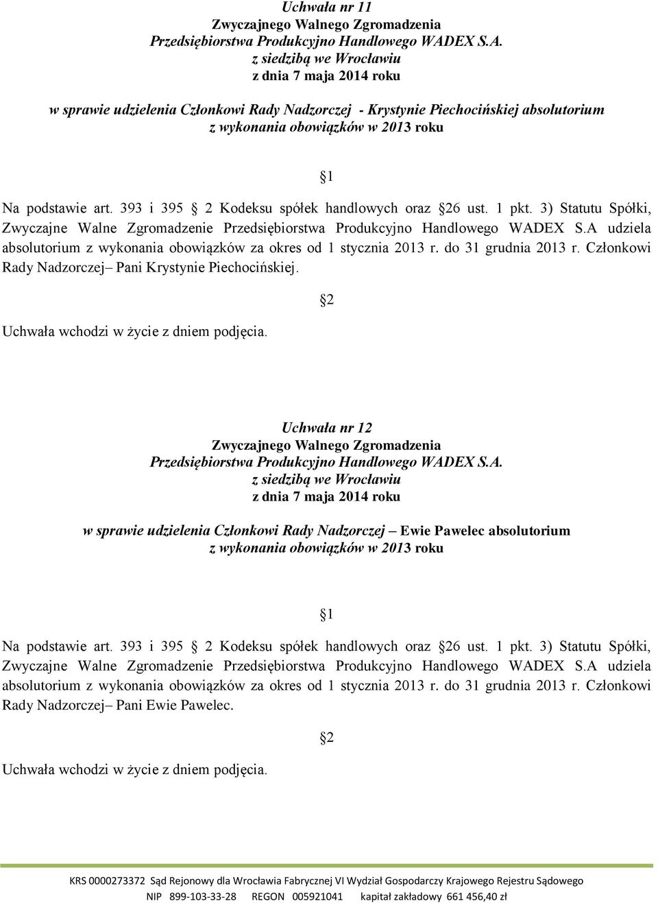 A udziela absolutorium z wykonania obowiązków za okres od 1 stycznia 2013 r. do 31 grudnia 2013 r. Członkowi Rady Nadzorczej Pani Krystynie Piechocińskiej.