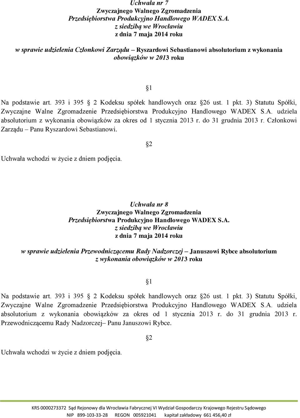 Uchwała nr 8 w sprawie udzielenia Przewodniczącemu Rady Nadzorczej Januszowi Rybce absolutorium z wykonania obowiązków w 2013 roku Na podstawie art. 393 i 395 2 Kodeksu spółek handlowych oraz 6 ust.