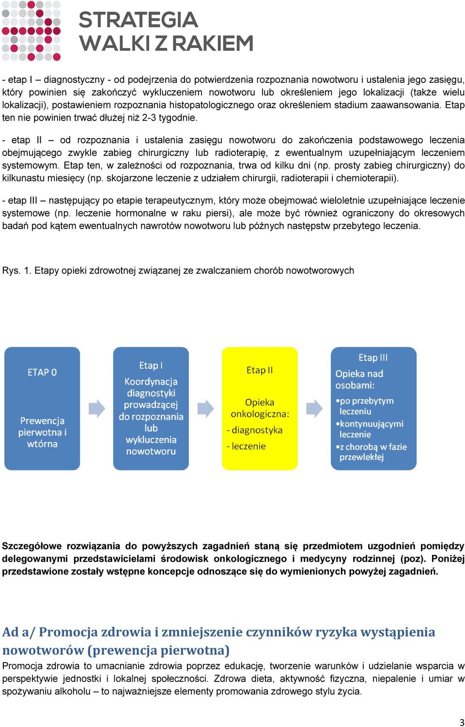 - etap II od rozpoznania i ustalenia zasięgu nowotworu do zakończenia podstawowego leczenia obejmującego zwykle zabieg chirurgiczny lub radioterapię, z ewentualnym uzupełniającym leczeniem systemowym.