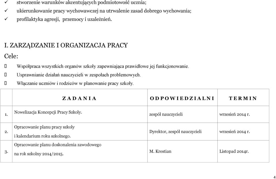 Włączanie uczniów i rodziców w planowanie pracy szkoły. Z A D A N I A O D P O W I E D Z I A L N I T E R M I N 1. Nowelizacja Koncepcji Pracy Szkoły. zespół nauczycieli wrzesień 2014 r.