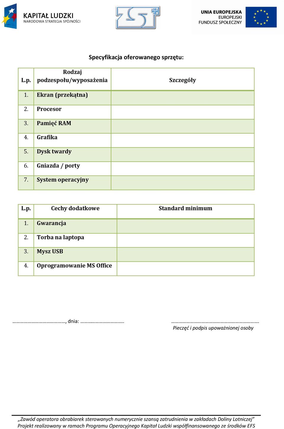 Gniazda / porty 7. System operacyjny L.p. Cechy dodatkowe Standard minimum 1.