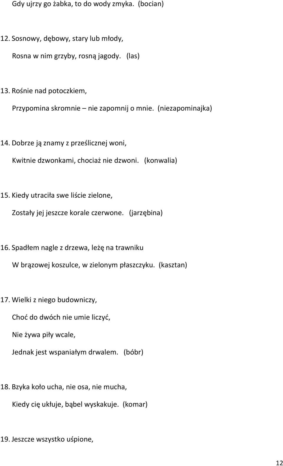 Kiedy utraciła swe liście zielone, Zostały jej jeszcze korale czerwone. (jarzębina) 16. Spadłem nagle z drzewa, leżę na trawniku W brązowej koszulce, w zielonym płaszczyku.