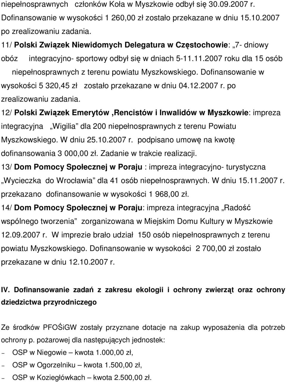 Dofinansowanie w wysokości 5 320,45 zł zostało przekazane w dniu 04.12.2007 r. po zrealizowaniu zadania.