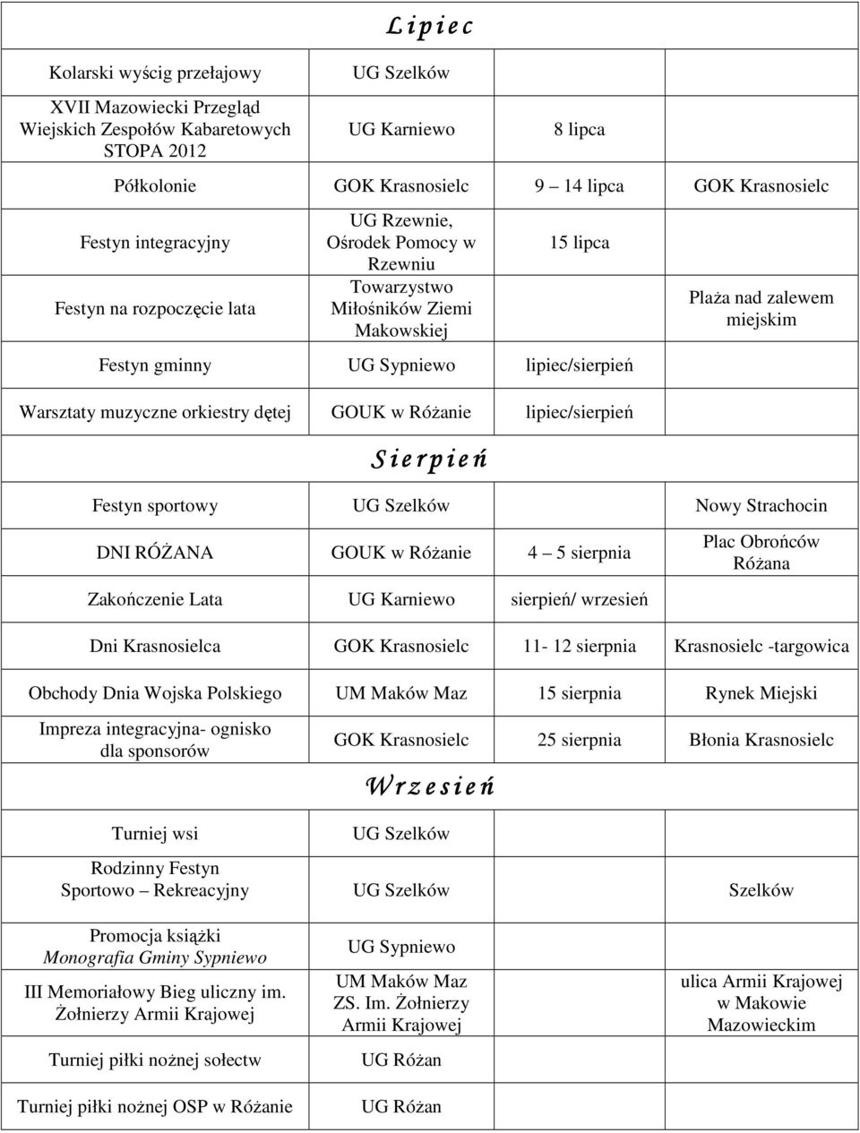 sportowy Nowy Strachocin DNI RÓŻANA 4 5 sierpnia Zakończenie Lata UG Karniewo sierpień/ wrzesień Plac Obrońców Różana Dni Krasnosielca 11-12 sierpnia Krasnosielc -targowica Obchody Dnia Wojska