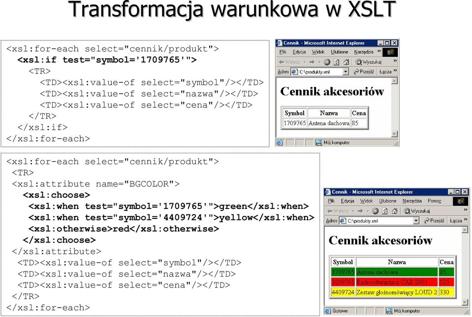 <xsl:attribute name="bgcolor"> <xsl:choose> <xsl:when test="symbol='1709765'">green</xsl:when> <xsl:when test="symbol='4409724'">yellow</xsl:when>