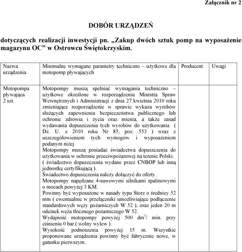 Motopompy muszą spełniać wymagania techniczno użytkowe określone w rozporządzeniu Ministra Spraw Wewnętrznych i Administracji z dnia 27 kwietnia 2010 roku zmieniające rozporządzenie w sprawie wykazu