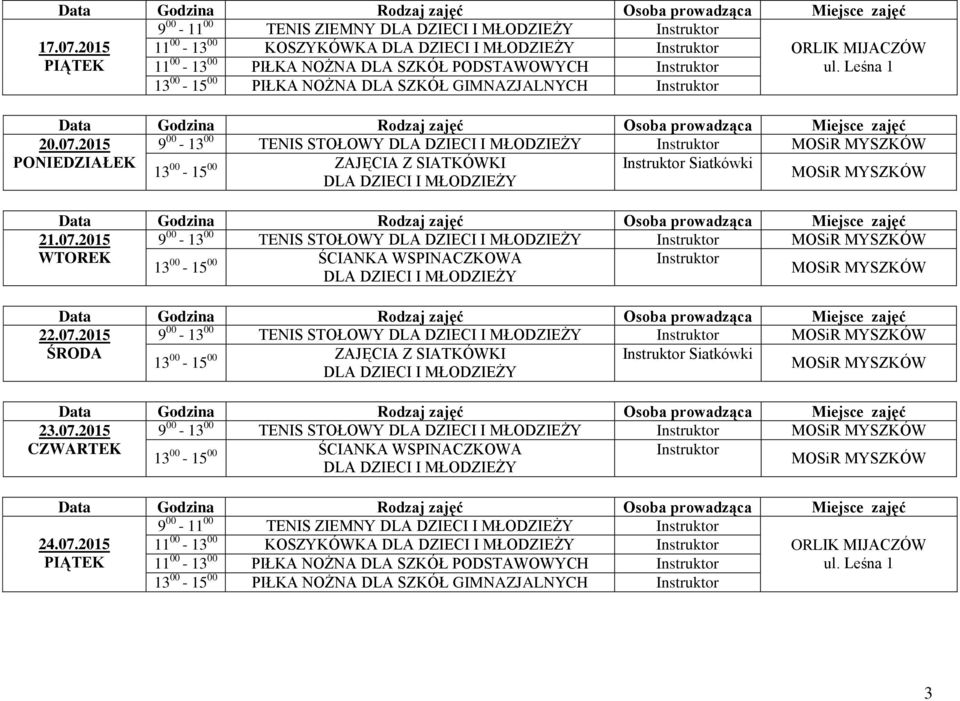 GIMNAZJALNYCH 20.07.2015 9 00-13 00 TENIS STOŁOWY Siatkówki 21.07.2015 9 00-13 00 TENIS STOŁOWY 22.07.2015 9 00-13 00 TENIS STOŁOWY Siatkówki 23.