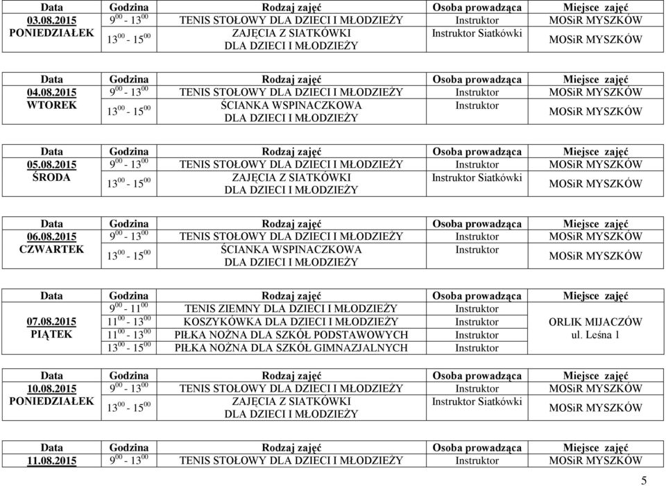 00 PIŁKA NOŻNA DLA SZKÓŁ PODSTAWOWYCH 13 00-15 00 PIŁKA NOŻNA DLA SZKÓŁ GIMNAZJALNYCH 10.08.