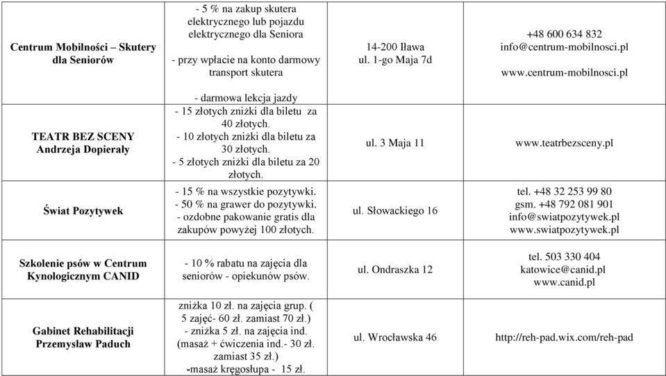 - 10 złotych zniżki dla biletu za 30 złotych. - 5 złotych zniżki dla biletu za 20 złotych. - 15 % na wszystkie pozytywki. - 50 % na grawer do pozytywki.