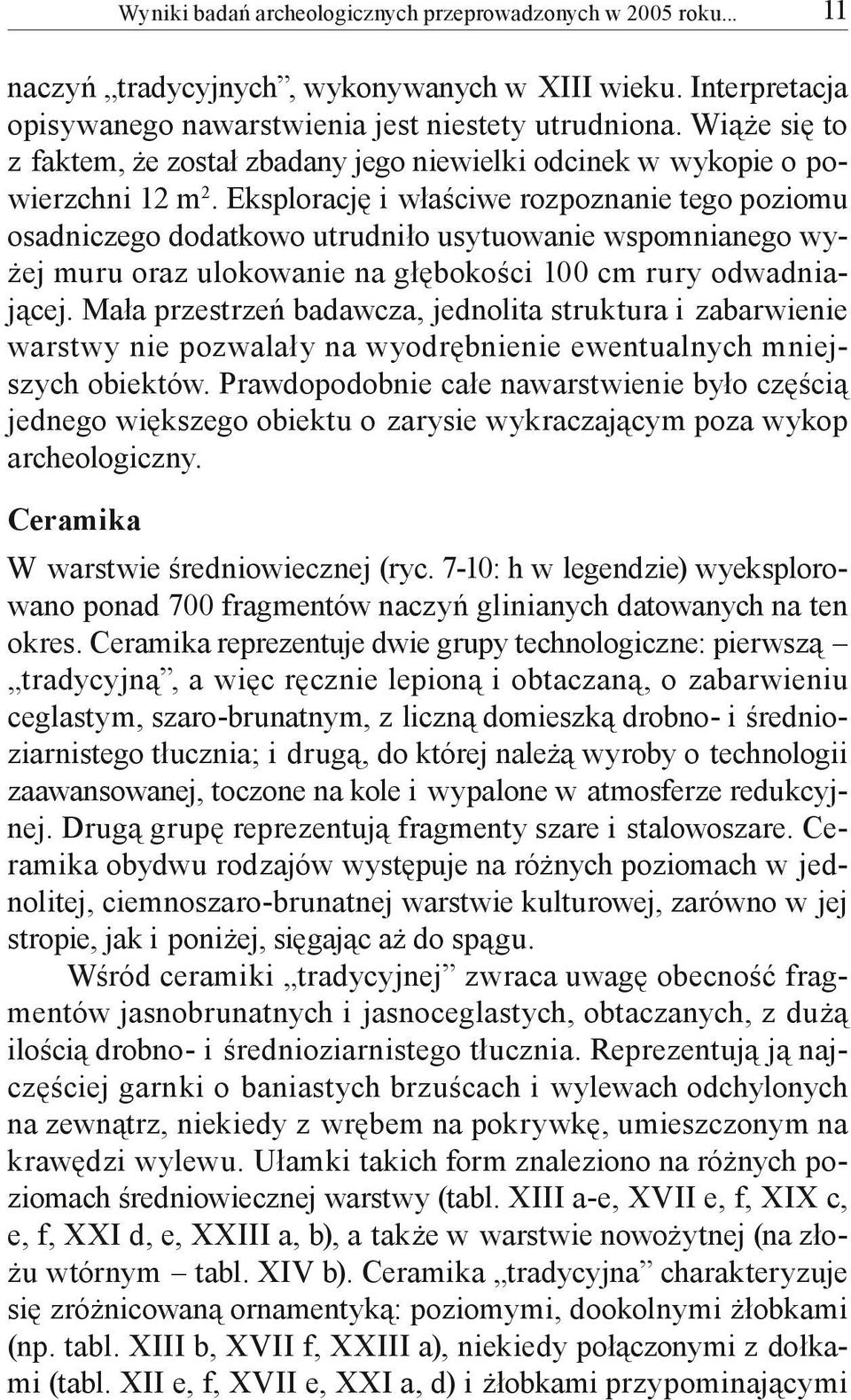 Eksplorację i właściwe rozpoznanie tego poziomu osadniczego dodatkowo utrudniło usytuowanie wspomnianego wyżej muru oraz ulokowanie na głębokości 100 cm rury odwadniającej.