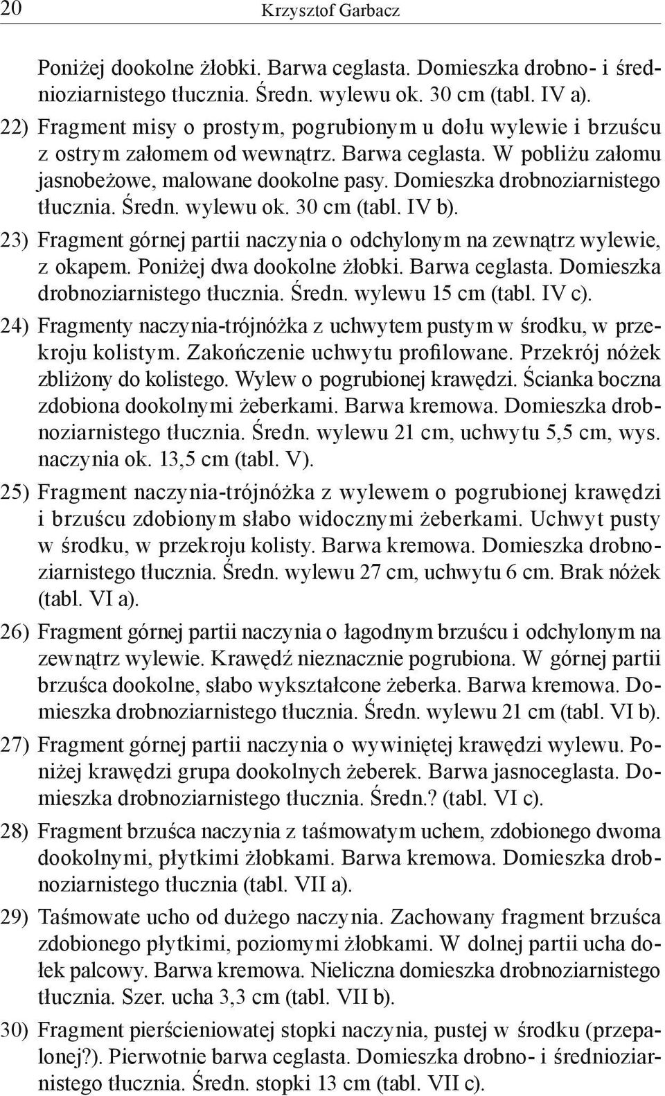 Domieszka drobnoziarnistego tłucznia. Średn. wylewu ok. 30 cm (tabl. IV b). 23) Fragment górnej partii naczynia o odchylonym na zewnątrz wylewie, z okapem. Poniżej dwa dookolne żłobki. Barwa ceglasta.