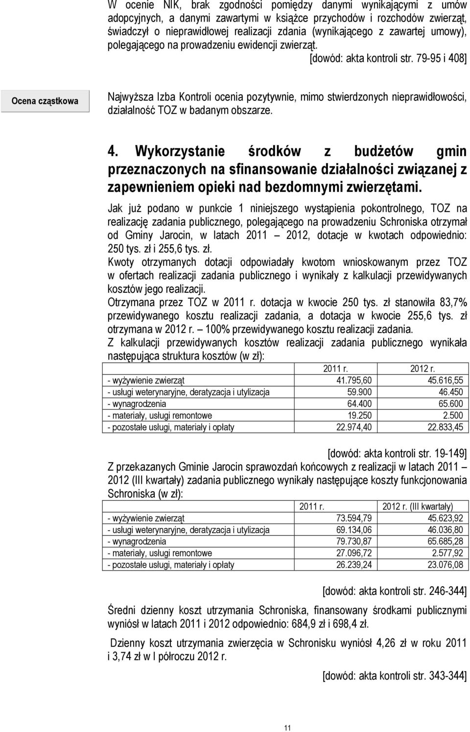 79-95 i 408] Ocena cząstkowa Najwyższa Izba Kontroli ocenia pozytywnie, mimo stwierdzonych nieprawidłowości, działalność TOZ w badanym obszarze. 4. Wykorzystanie środków z budżetów gmin przeznaczonych na sfinansowanie działalności związanej z zapewnieniem opieki nad bezdomnymi zwierzętami.