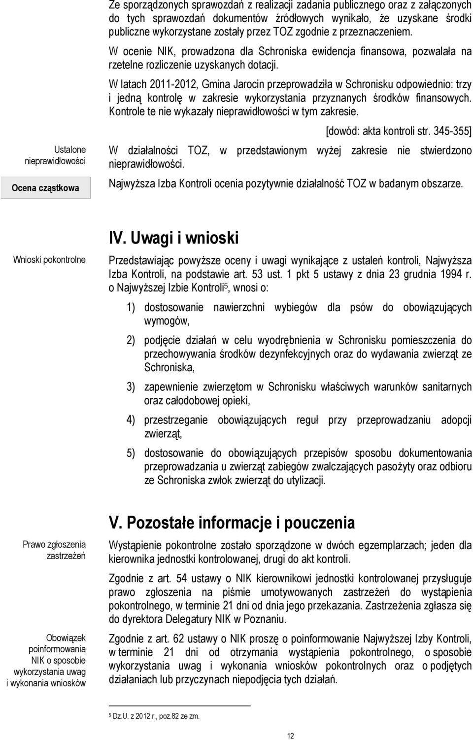 W latach 2011-2012, Gmina Jarocin przeprowadziła w Schronisku odpowiednio: trzy i jedną kontrolę w zakresie wykorzystania przyznanych środków finansowych.