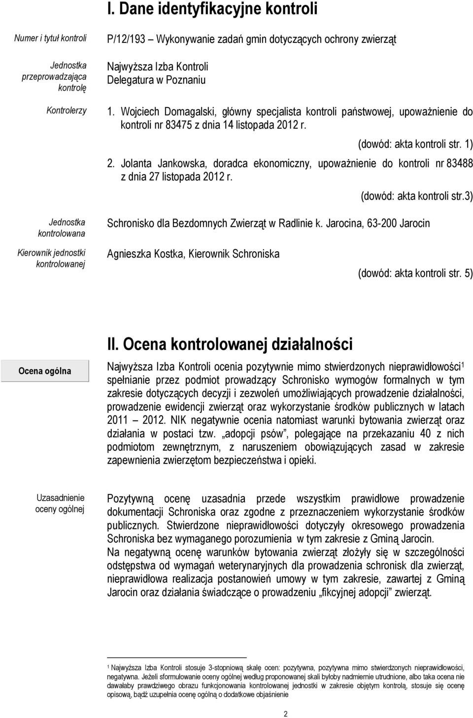 Jolanta Jankowska, doradca ekonomiczny, upoważnienie do kontroli nr 83488 z dnia 27 listopada 2012 r. (dowód: akta kontroli str.3) Schronisko dla Bezdomnych Zwierząt w Radlinie k.